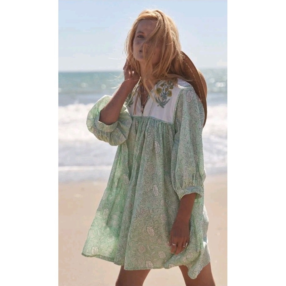 Indigo By Boutin Block Print Cotton Mini Dress India Mint Green Floral Size L